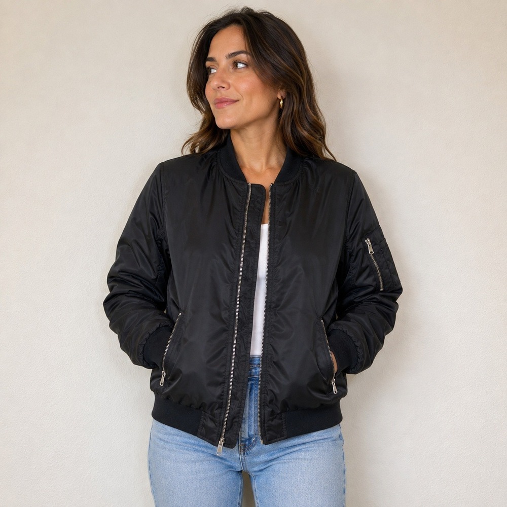 Forever 21 Womens Black Nylon Bomber Jacket Full Zip Utility Flight Jacket M